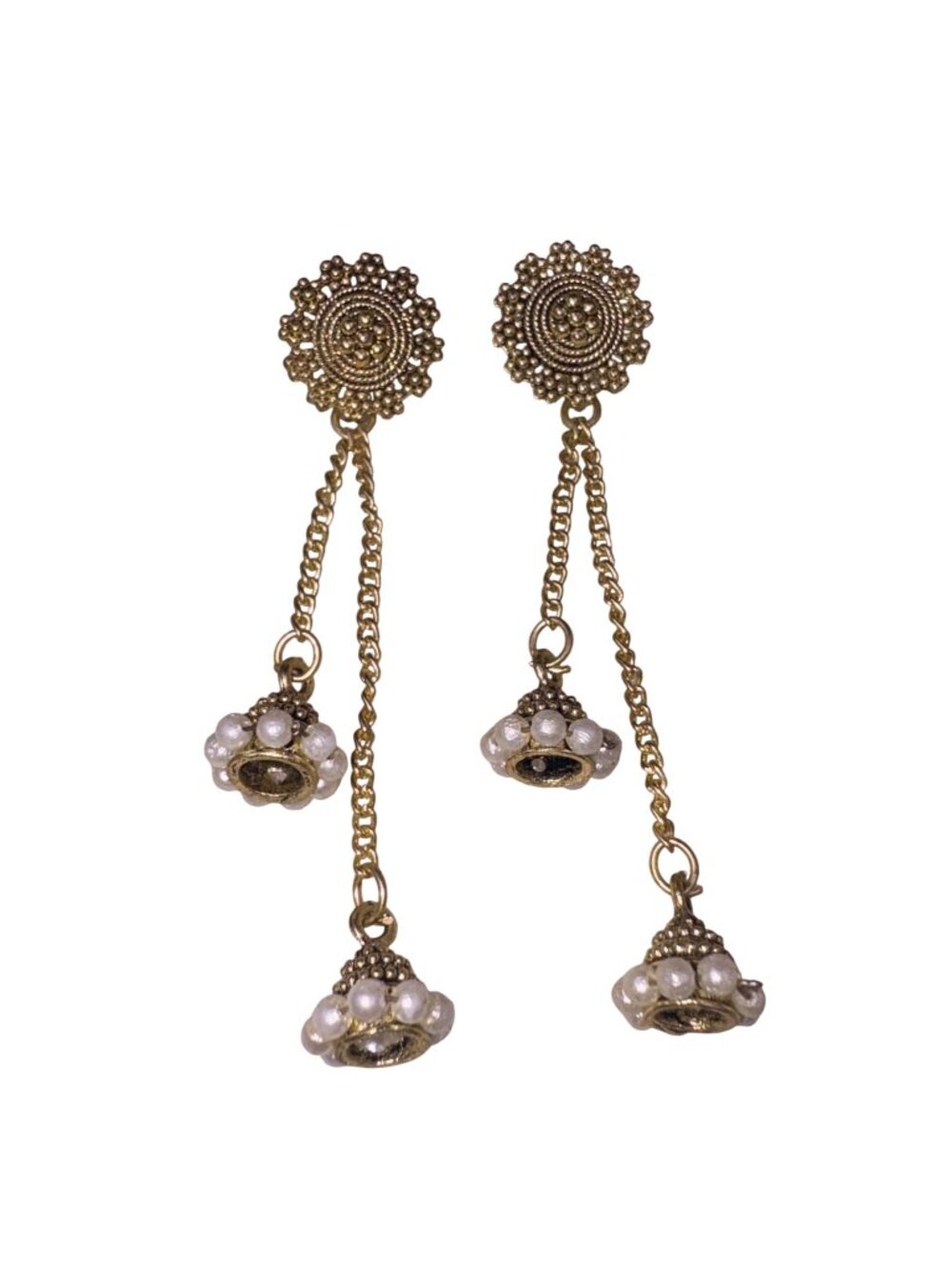 Gold Tone Womens Earrings With Pearl Accents Long Chain Stud Dangle